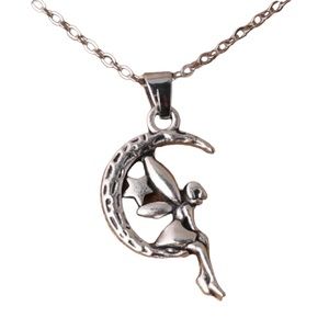 Silver Moon with Sitting Fairy Charm Necklace
